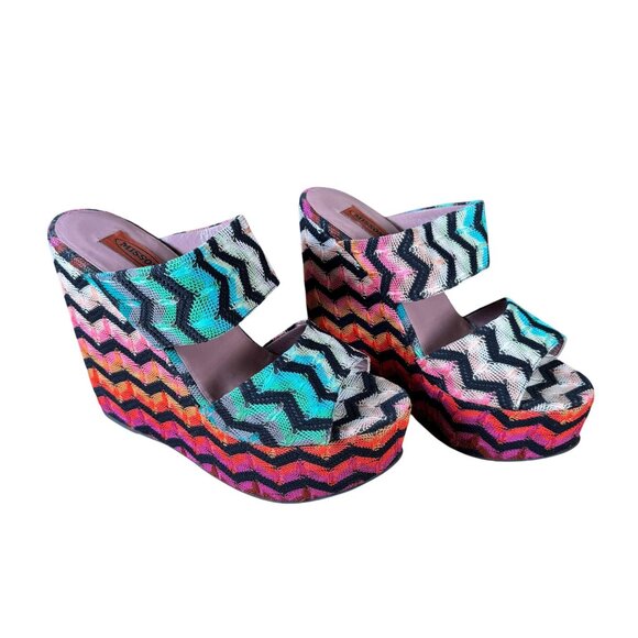 Missoni Rosa Multicolor Zig Zag Platform Wedge Sandals Size EU 41 US 11